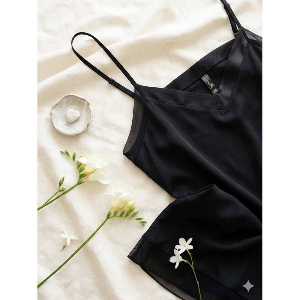 Montelle Intimates Minimalist Black Slip Dress Chemise Mesh Trim Women's M
